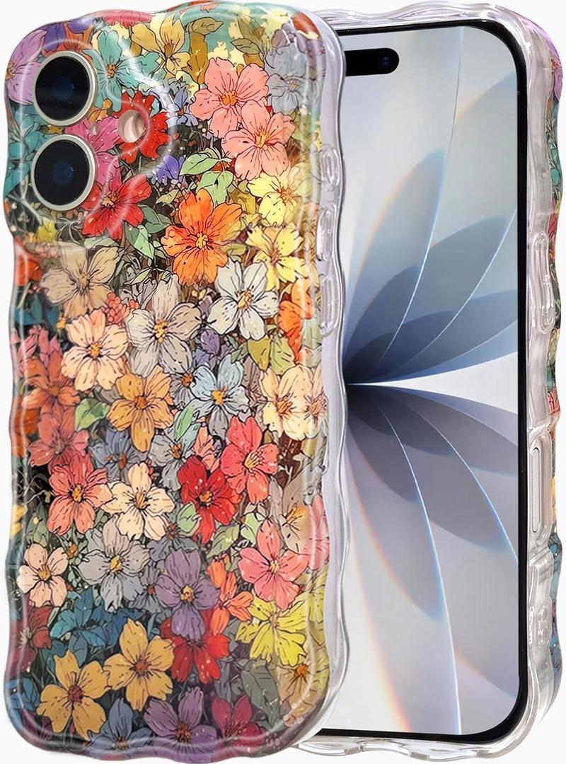Cute for iPhone 17 Case Retro Floral Phone Case [Curly Wave Edge] [Full Camera Protection] [14 FT Drop Protection] Soft TPU Slim Shockproof Phone Cover for Women Girls
