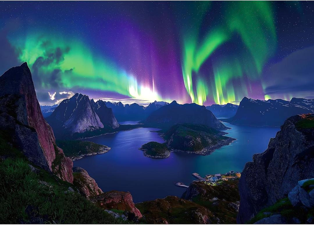 Blueforest 1000 Piece Aurora Jigsaw Puzzle for Adults - 27.5x19.7 Inch Stunning Lofoten Islands Northern Lights & Mountain Landscape, Unique Art Puzzle for Home Decor
