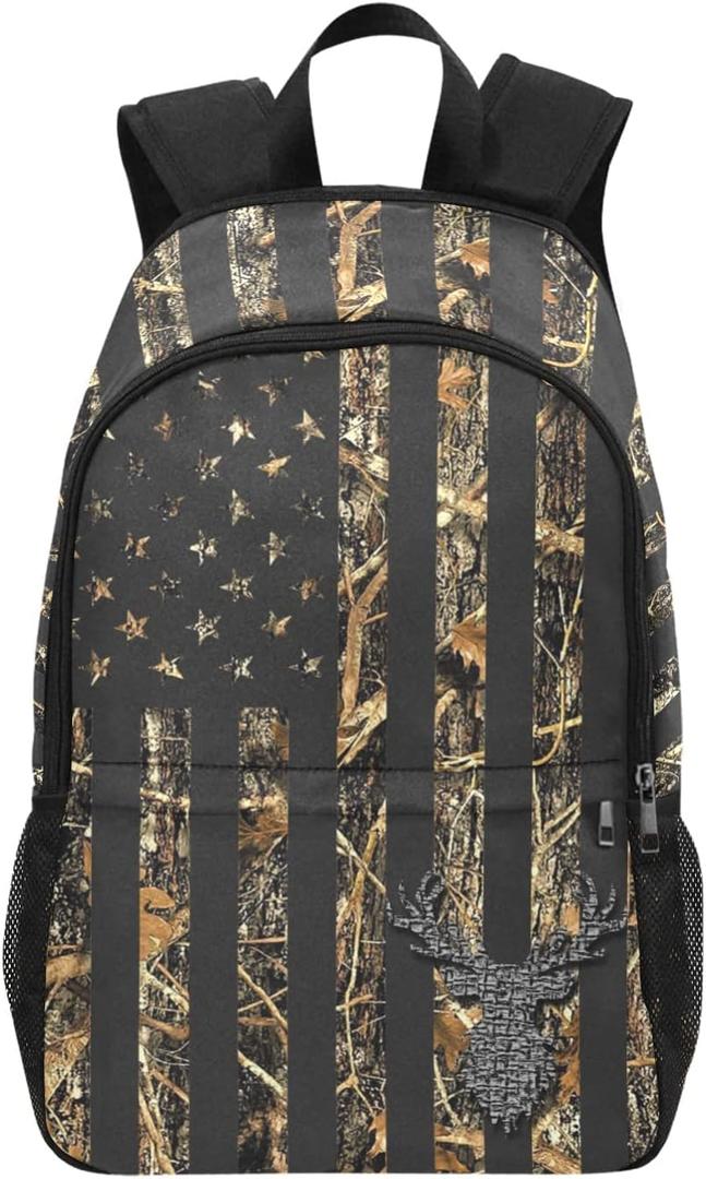 M YESCUSTOM Camouflage Vintage USA Flag Deer Leaves School Backpack Water Resistant Daypack Laptop Backpacks for Students Boys Girls