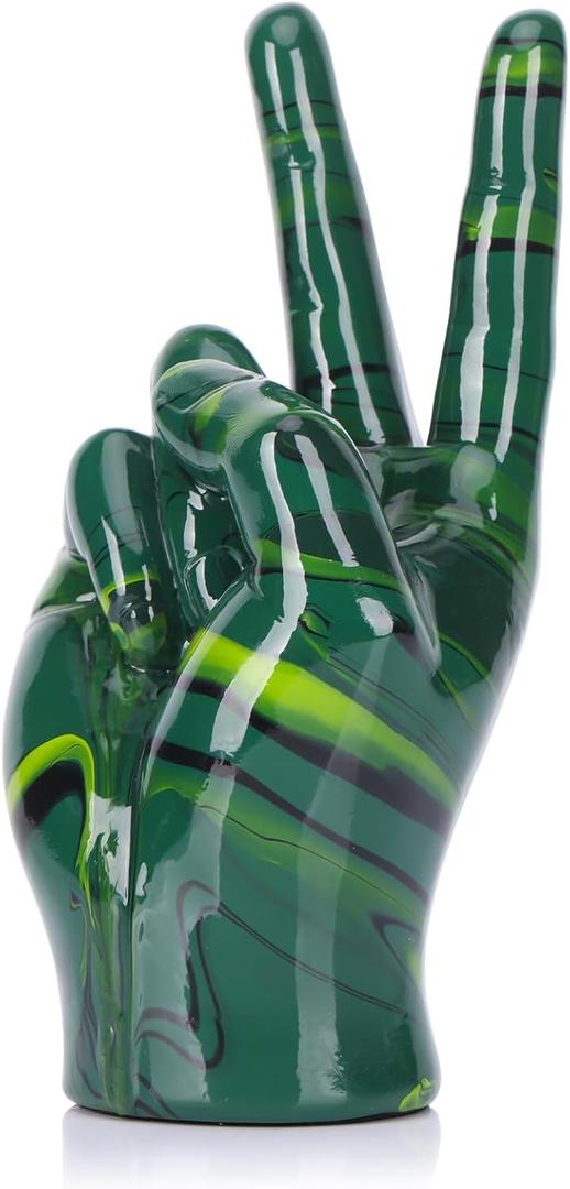 Emerald Green Home Decor Peace Symbol Statue, Creative Hand Gesture Peace Sign Decor, Emerald Green Fingers Sculpture for Living Room Bedroom Coffee Table, Desktop, Bookshelf