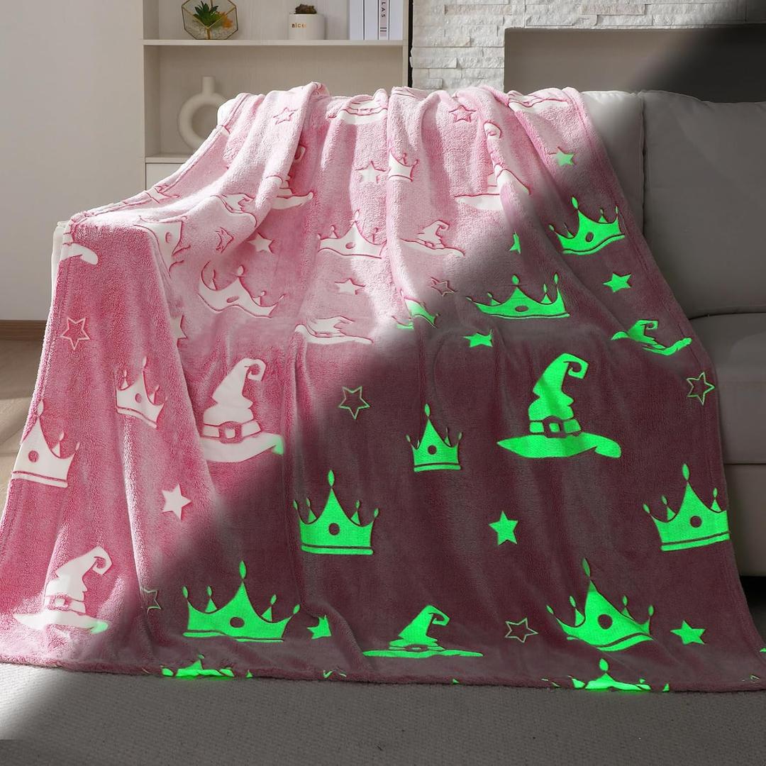 Witch Hat and Pink Crown Blanket for Girls 50 x 60 Inch Glow in The Dark Fun Witch Theme Throw Blanket Team Gifts for Christmas Halloween Thanksgiving Gift Decoration
