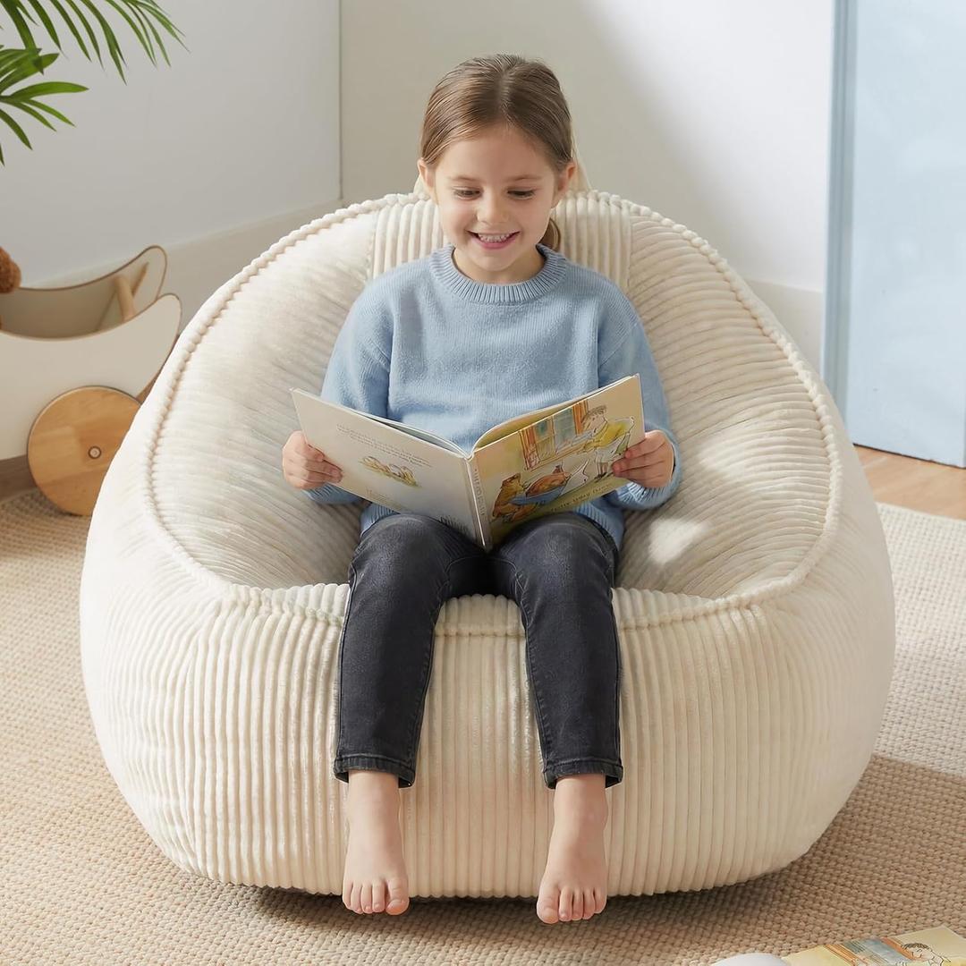 HUGHEAVEN Bean Bag Chairs for Kids, Toddler Bean Bag Chair, Comfy Cozy Reading Chair & Stuffed Toddler Floor Sofa, Soft Beanbag Chairs for Boys and Girls, Lazy Floor Seat for Gaming and Reading, Beige, Small