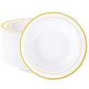 Nervure 50 Pack Plastic Bowls with Gold Rim - 12oz Disposable Soup Bowls - Heavy Duty Dessert & Salad Bowl & Ice Cream Bowl for Weddings, Parties, and Mothers Day