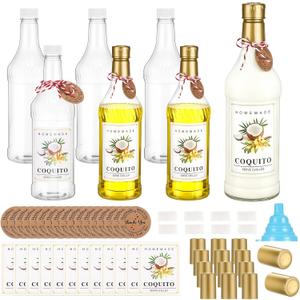 Baderke 6 Set Plastic Coquito Bottles 32 oz Plastic Clear Wine Bottles with Caps and Tags for Home Brewing Wedding Party Favors (Gold)
