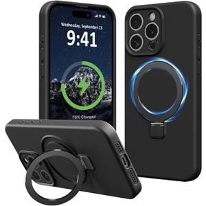 Compatible with iPhone 14 Pro Case with Stand, Full Camera Protection Slim Liquid Silicone Phone Cases Fit for iPhone 14 Pro Compatible with MagSafe Magnetic Ring Kickstand Case 6.1", Black