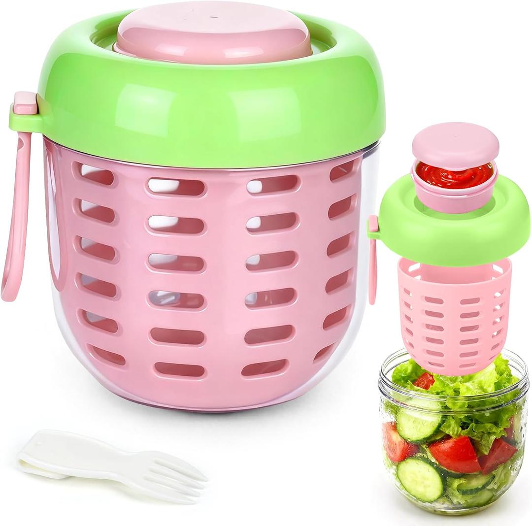 Juome Salad Pod with Dressing Container - Leakproof Salad Container for Lunch with Lid & Spoon, Reusable Salad Jar for Meal Prep & Food Storage, Suitable for Home, Outdoor Travel (Pink)
