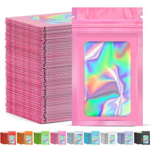 300 Pcs Mylar Bags, Smell Proof Bags Foil Pouch, Holographic Resealable Bags for Small Business, Candy Sample Jewelry Bag Sealable Packaging for Party Favor Food Storage (3x5in-Pink)