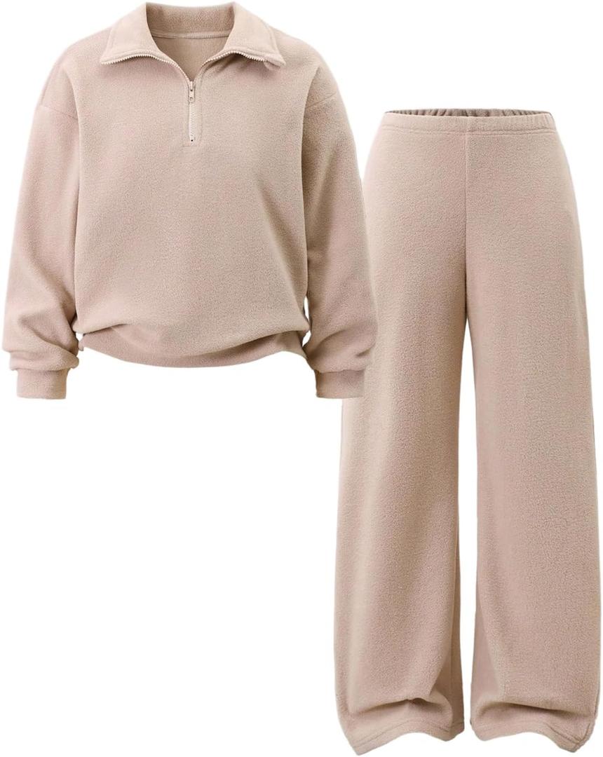 RoseSeek Girl's 2 Piece Clothing Sets Collared Half Zip Sweatshirts and Wide Leg Pants Fall Outfits, Apricot 5Y