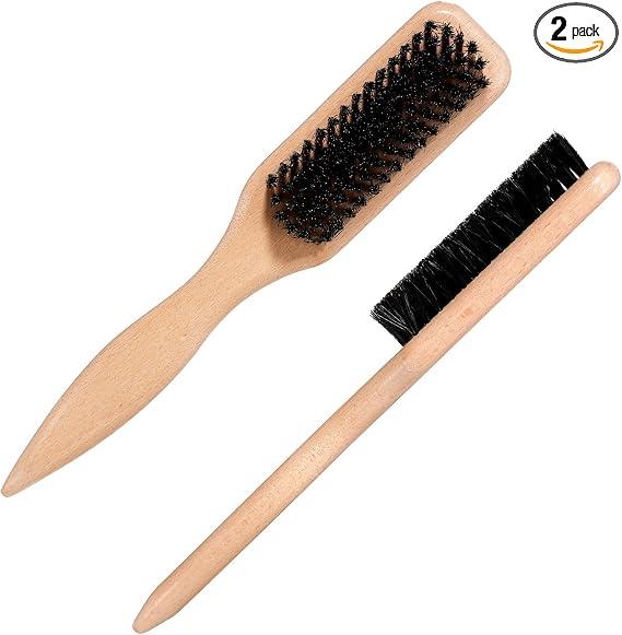 FNANJWQ 2 Pcs Slick Back Hair Brush with Wooden Rat Tail, Boar Bristle Hair Brush for Sleek Thin & Fine Soft Smoothing Baby Hairs Ponytail for Polishing Deepening Styling Sectioning & Parting
