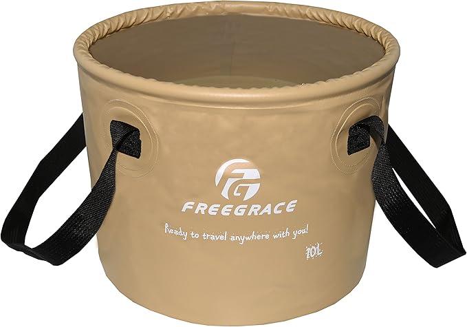 Premium Collapsible Bucket by Freegrace - Compact Portable Folding Water Container - Lightweight & Durable - Includes Handy Tool Mesh Pocket (10L, Khaki)