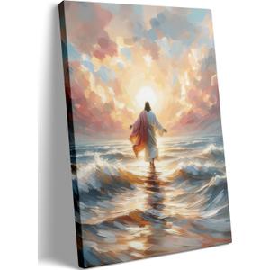 Jesus Walking on Water Canvas Wall Art Christian God Wall Decor Sacred God Walking on Ocean Beach Painting Pictures Religious Posters Prints for Living Room Bedroom Church Home Decorations Framed