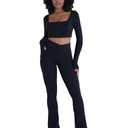 Sunzel Hidden Butt Lifting Scrunch Flare Leggings for Women with Pockets No Front Seam Tummy Control Mini Flared Yoga Pants 34" Inseam Black Medium