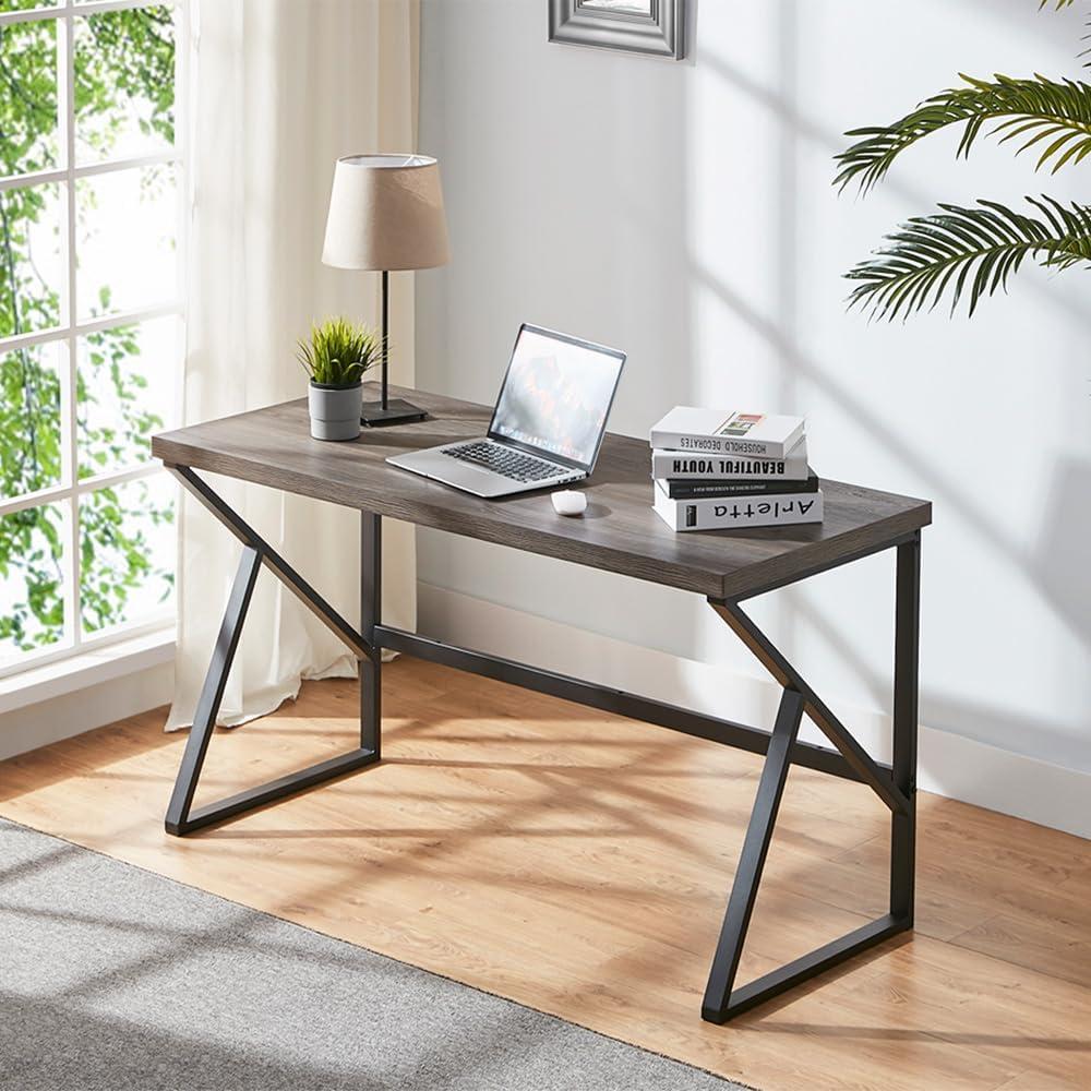 HSH Home Office Desk, Industrial Metal Wood Computer Desk for PC Laptop Work Writing Study Gaming in Bedroom Living Room, Dark Gray Oak, 47 Inch