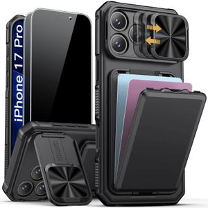 SSLOTSCASE for iPhone 17 Pro Case with 2X Privacy Screen Protector, Card Holder & Kickstand & Slide Camera Lens Cover & Camera Stand & Wallet, Military-Grade Phone Case Cover for iPhone 17 Pro, Black