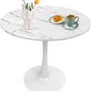 31.5 Inch Round Dining Kitchen Table White Faux Marble Mid-Century Modern Leisure Table with Pedestal Base in Tulip Design for Home Kitchen Office Small Spaces