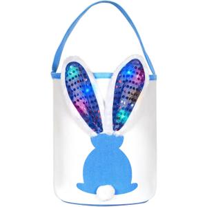 Easter Bunny Baskets with Lights for Baby Boys,Large Blue Kids Easter Bucket Tote with Light up Rabbit Ears for Spring Egg Hunts Party Storage (Blue)