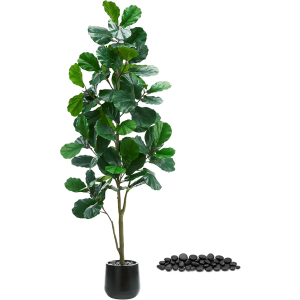 Artificial Fiddle Leaf Fig Tree：6FT Tall Faux Ficus Lyrata Plant Fake Fig Trees Realistic Green Silk Large Leaves with Natural Trunks & Pebbles in Black Planter for Indoor Outdoor Office Home.
