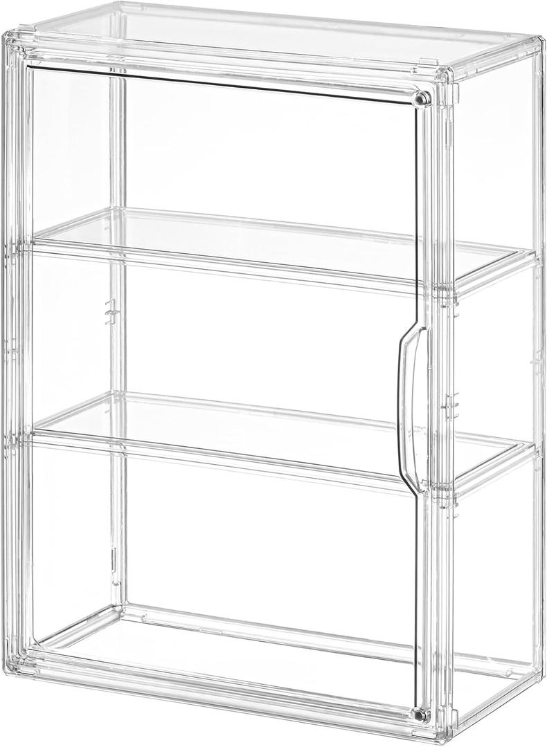 3 Tier Clear Display Case for Figures, Wall-Mounted Acrylic Storage Organizer Box, Stackable Display Cabinet with Magnetic Door & Removable Shelves, Showcase for Collectibles, Anime Figures