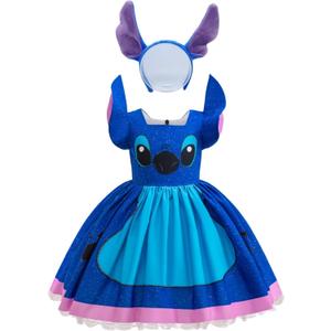 Hawaiian Costume for Girls Cartoon Mouse Tulle Dress with Headband (9-10 Years, Blue)