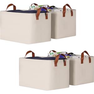 KEEGH Storage Baskets for Organizing, Fabric Storage Bins for Shelves with Leather Handle, Shelf Baskets for Closet Organization Closet Organizer Bins for Clothes, 15" L x 11" W x 10" H, Beige, 4 Pack