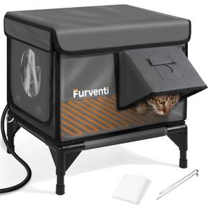 Heated Cat House for Outside,Dual Camera Mounts,100% Weatherproof & Extremely Insulated,Elevated Feral Cat Shelter with Escape Door,Waterproof Eaves for Outdoor Stray Barn Cat(Dark Grey, S) 16.5"L x 12.6"W x 17.7"H