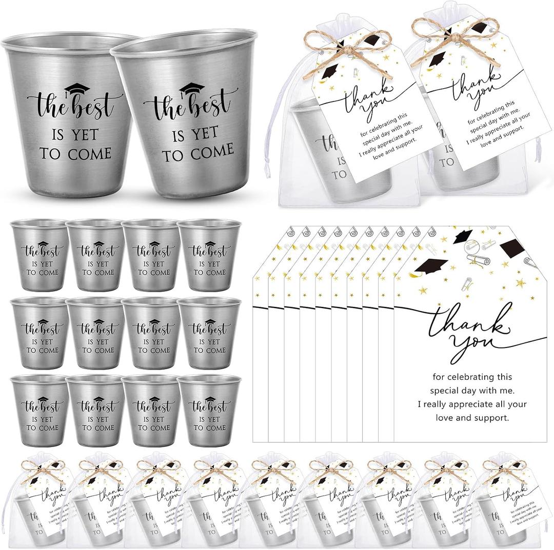 Roshtia 50 Set Graduation Party Favors Inspirational Stainless Steel Shot Glasses with Thank You Cards Organza Bags, Class of 2026 Graduation Gifts Bulk for Guests High School College Seniors(Black)