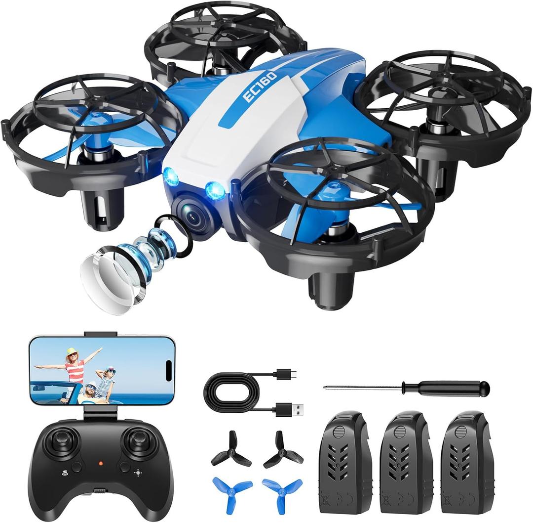 Drones with Camera for Kids and Beginners, Mini FPV Drone 1080P, 3D Flips, Waypoint Fly, APP Control, Optical Flow, Lights, RTF Remote Control Flying Toy Gifts for Boys Girls (Blue)