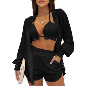 UOUA 3 Piece Swimsuits for Women Hawaiian Outfits Floral Tropical Bikini & Short Sets Summer Beach Sexy Cover Ups Luau Party (XX-Large, Solid Black)