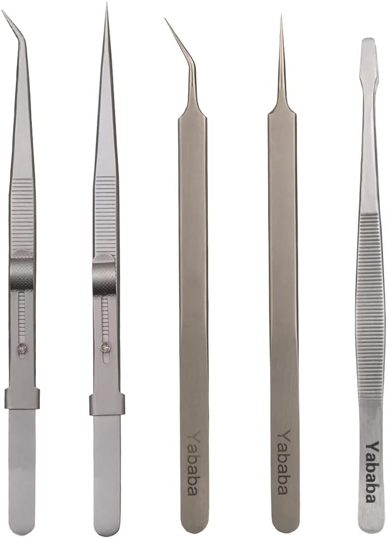 Tweezers, 5 Pcs Precision Tweezers Set, Anti-Static Stainless Steel Long Tweezers Kit for Electronics, Laboratory Work, Jewelry-Making, Craft, Soldering, Hobby, Watches, Car Machines Repair Etc (Silver Grey)