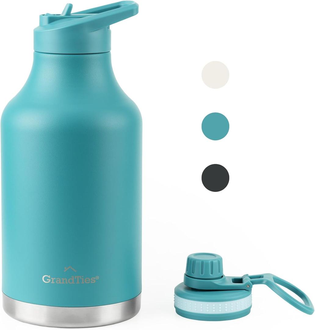 GRANDTIES 2 Lids Sports Stainless Steel Water Bottles  Wide Mouth Vacuum Insulated Reusable Leak Proof BPA-Free Travel Metal Canteen, Thermal Bottles for Men Women Gym (Atlantis Blue 64 oz)