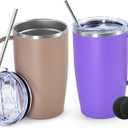 16oz Coffee Mug with Handle, 2Pack Insulated Coffee Tumblers with Lid and Straw, Double Wall Vacuum Travel Coffee Mug with Handle for Coffee Tea Milk Fruit Juice, Purple&Moca
