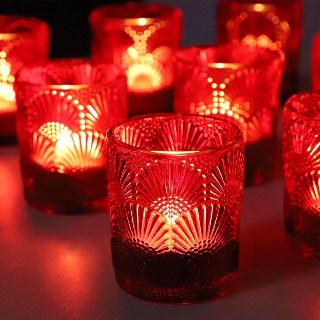 Woho Red Votive Candle Holders Set of 12 for Boho Wedding Table, Ginkgo Leaves Design Tealight Candle Holder Vintage for Christmas Decorations, Glass Tea Lights Candle Holder for Valentines Day Decor