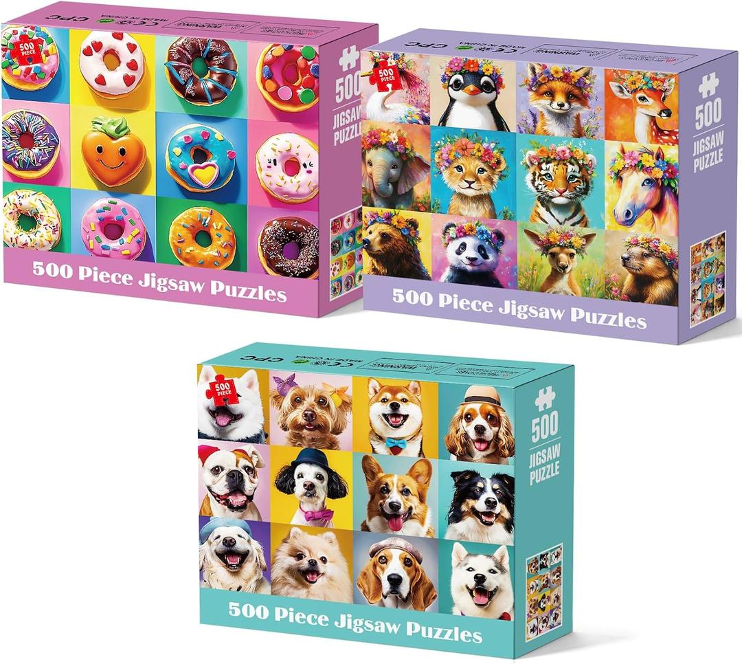 3 Pack 500 Piece Puzzles for Adults, Beautiful Wild Animals Jigsaw Puzzle for Teens Seniors, Recycled Cardboard Donut Dogs Puzzle 500 Piece, Family Activity Great Gift for Friends 20.5 * 15 inch