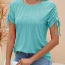 Womens Summer Casual Short Sleeve Tops Crew Neck Pleated T Shirts Blouses Drawstring Cap Sleeve Tee Tunic 2025 (Blue, M)