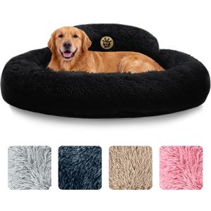 PetJett Large Dog Bed - 36'' Calming Donut Dog Beds, Anti-Slip & Washable Large Round Bed, Fluffy Faux Fur Pet Bed, Super Soft Anti-Anxiety Premium Comfort Bed, Fits Dogs up to 80 lbs - Black