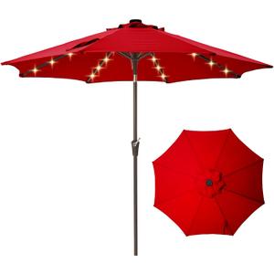 9FT Solar-Powered LED Patio Umbrella with Tilt Crank,Outdoor Market Umbrella with 32 Lights, Sunshade for Deck, Garden and Pool