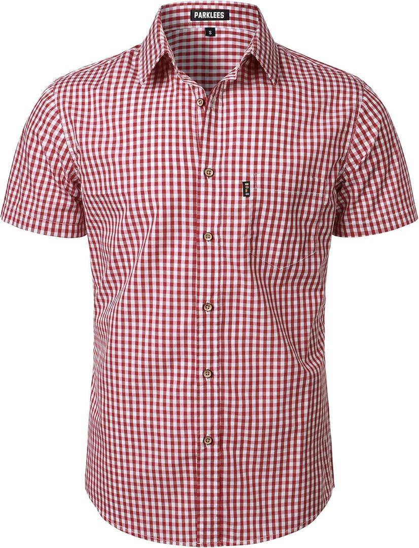 Men's Casual Plaid Button Down Shirt Cotton Short Sleeve Gingham Dress Shirts Regular Fit with Pocket (Medium)