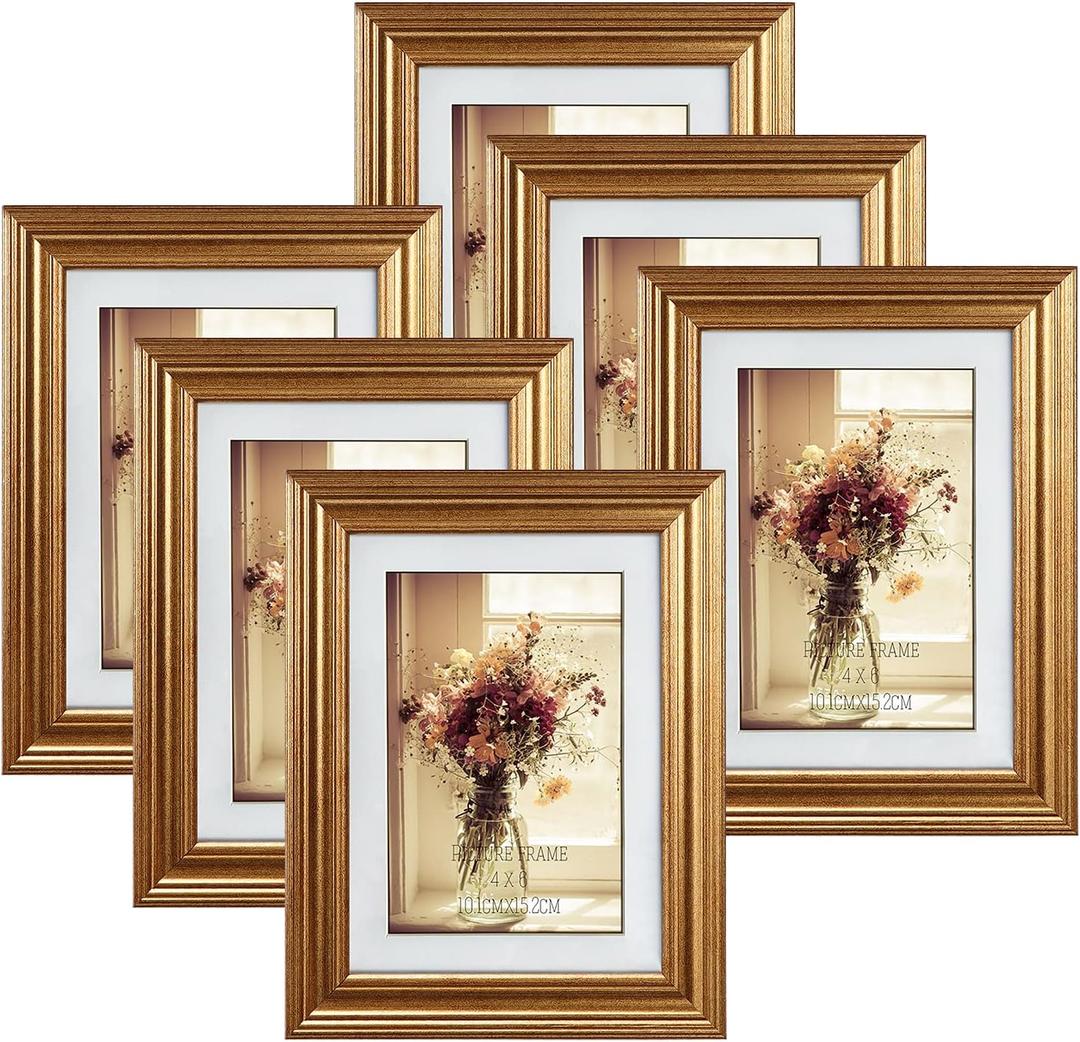 MEBRUDY 4x6 Picture Frames (Gold, 6 Pack), Display Pictures 4x6 with Mat or 5x7 Without Mat, Photo Frames for Wall Mount or Table Top