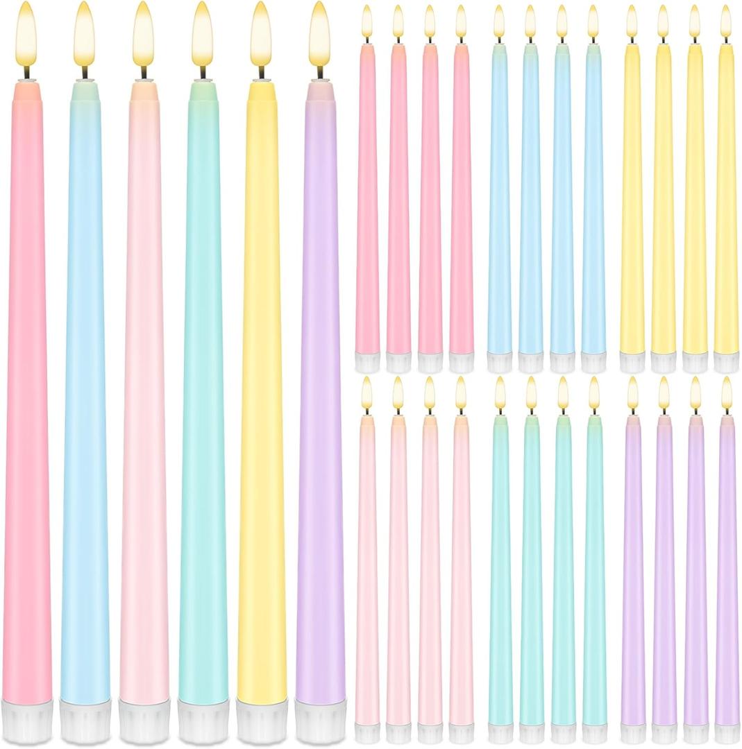 Baquler 24 Pcs 11'' Pastel Flameless Taper Candles Colorful LED Candle Sticks Colored Battery Operated Candle Pink Plastic Flickering Candlestick for Easter Wedding Birthday Dinner Table Party Decor (Macaron)