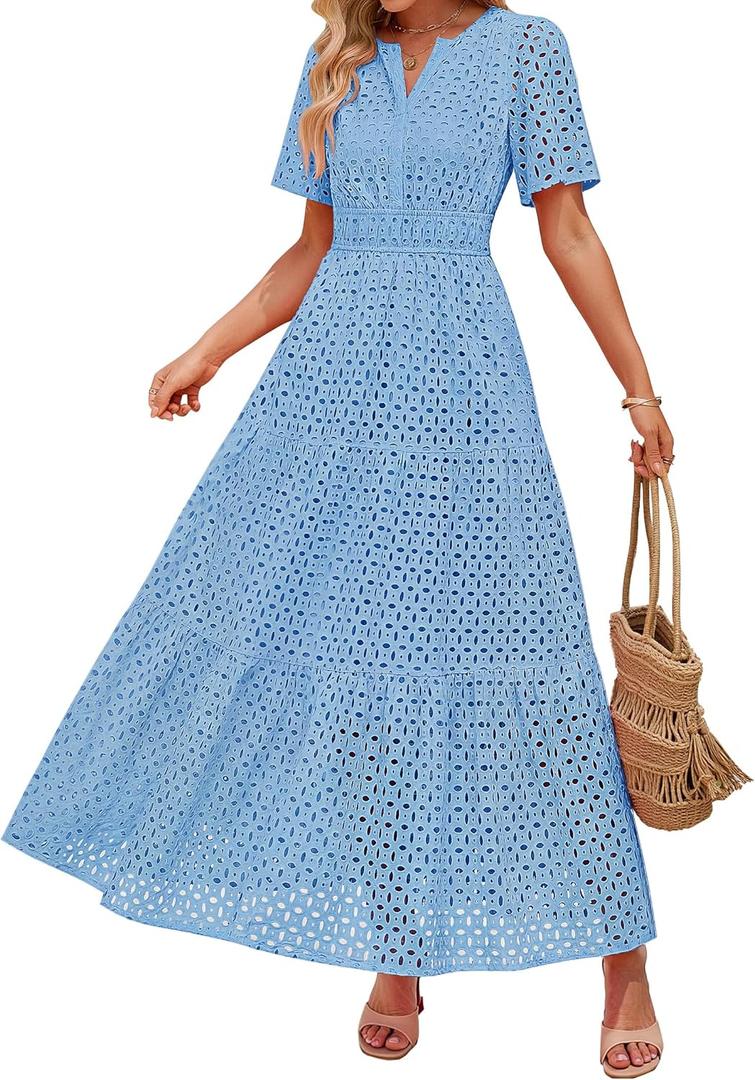 ZESICA Summer Dresses for Women 2026 Casual V Neck Short Sleeve Eyelet A Line Beach Vacation Long Maxi Dresses Sky X-Large