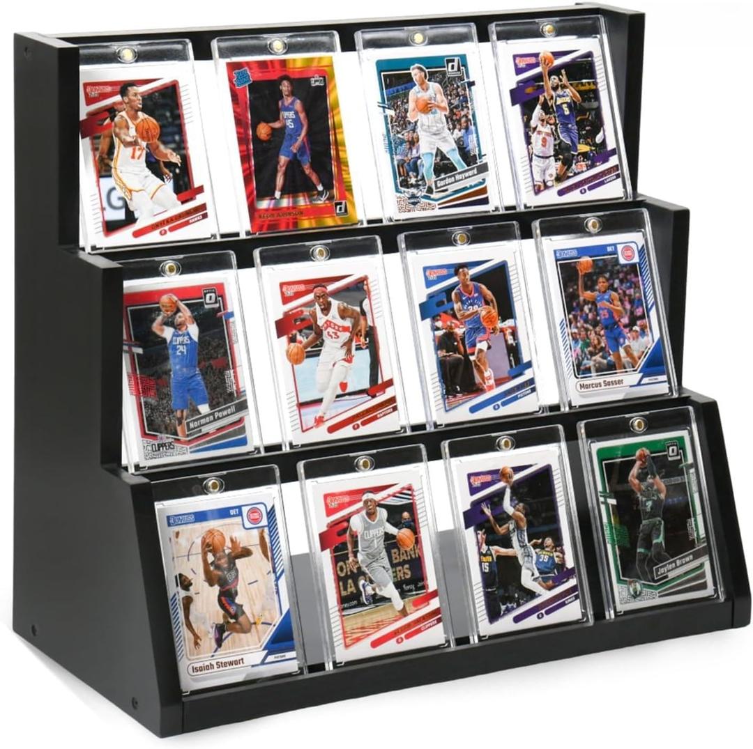 Black Tarding Card Display Stand : Ideal for Collectors' Room, Graded Card Show, 3-Tier Countertop Multi-Layer Collection with Card Supporters for PTCG Cards, Baseball Card Graded Cards & NBA Card