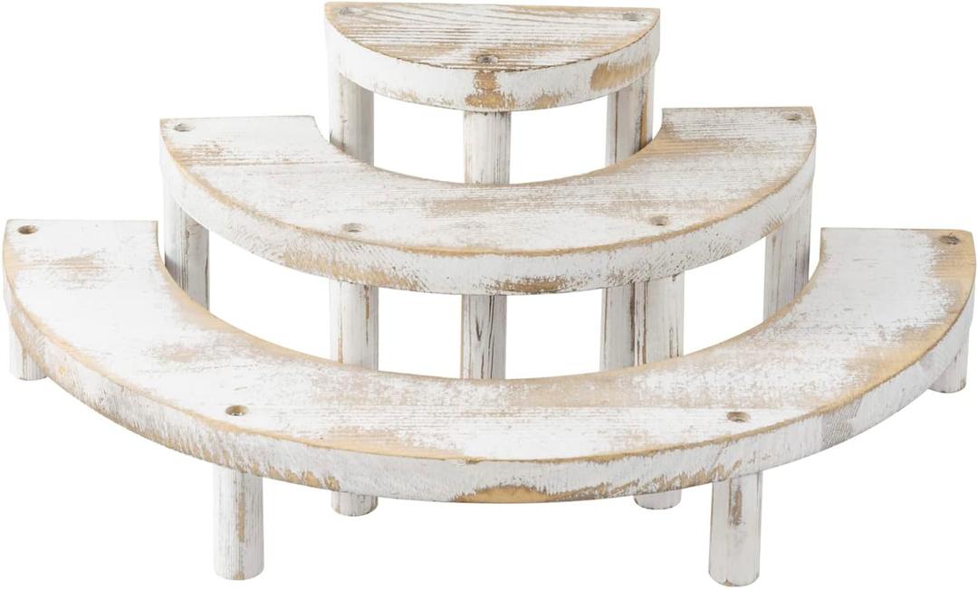 MyGift 3 Tier Wooden Display Riser Stand, Cupcake Stand & Perfume Organizer, Rustic Whitewashed Tiered Display Shelf for Desserts, Nail Polish, Makeup, Plants & Collectibles