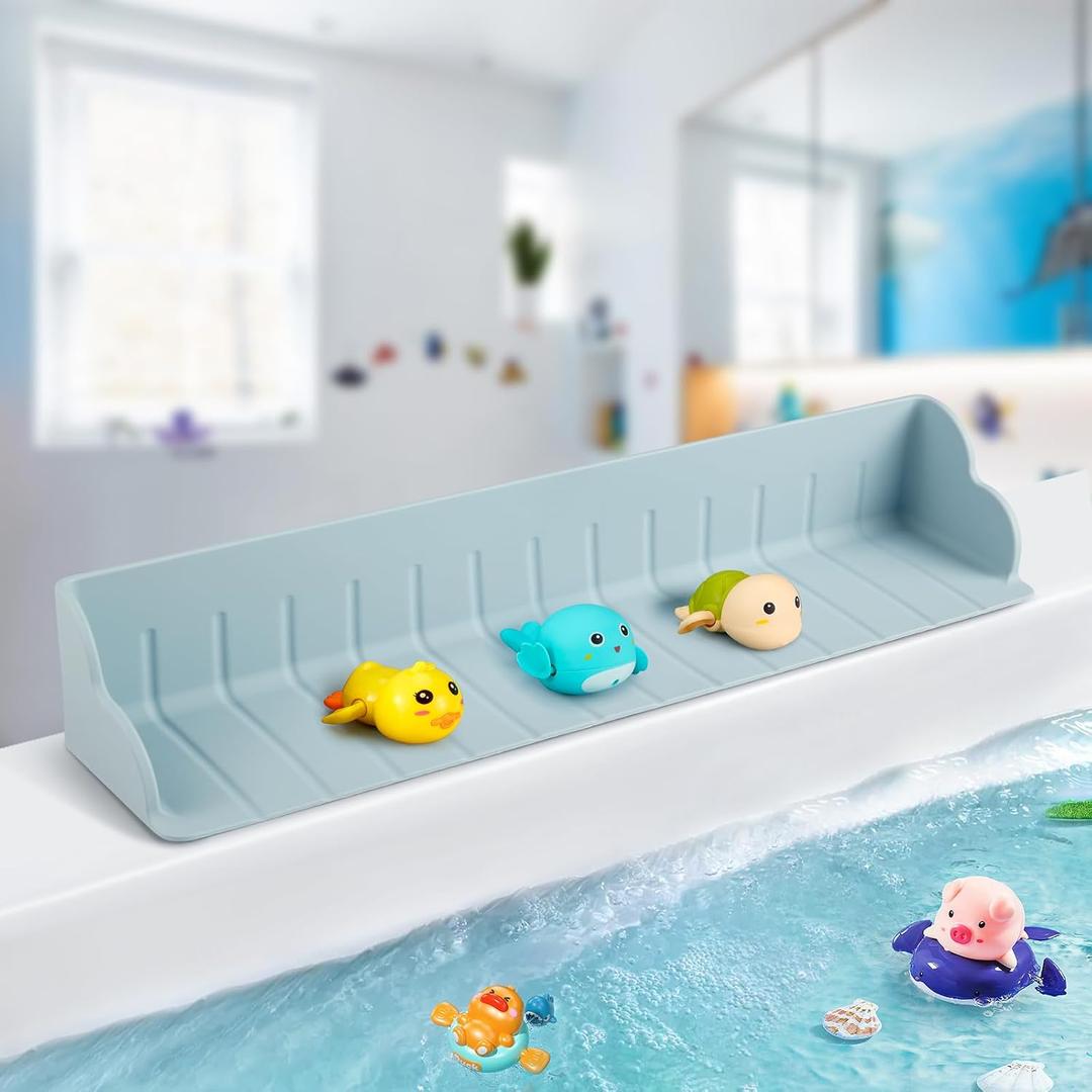 Bathtub Splash Guard for Tub, Silicone Bathtub Caddy Tray with Play Shelf, Kids Bath Tub Shelf and Organizer for Baby Bath Toys, Bath Toy Holder, Toddler Bathtub Accessories(Classic Blue)