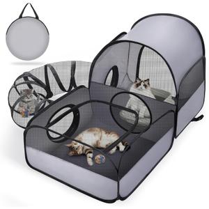 Portable Cat Playpen with Surround Tunnel, 2-Linked-Enclosed Areas, Ideal Cat Tent Outdoor or Cat Playpen for Indoor Cats Enclosed.Breathable Mesh Design for Indoor & Outdoor Use(Grey)