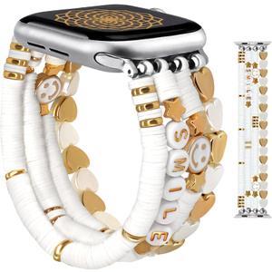JR.DM Beaded Bracelet Compatible with Apple Watch 40mm 38mm 41mm 42mm Women Kids Girls Cute Fashion Preppy Stackable Handmade Stretchy Watch Strap for iWatch Series 11/10/9/8/7/SE/6/5/4/3/2/1 (E5 White Smiley Face)