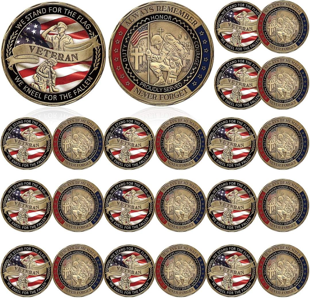 24 Pcs Military Veteran Challenge Coin United States We Stand for The Flag We Kneel for The Fallen Round Coin with Metal Christian American Flag for Collectors Military Church Souvenir Gift