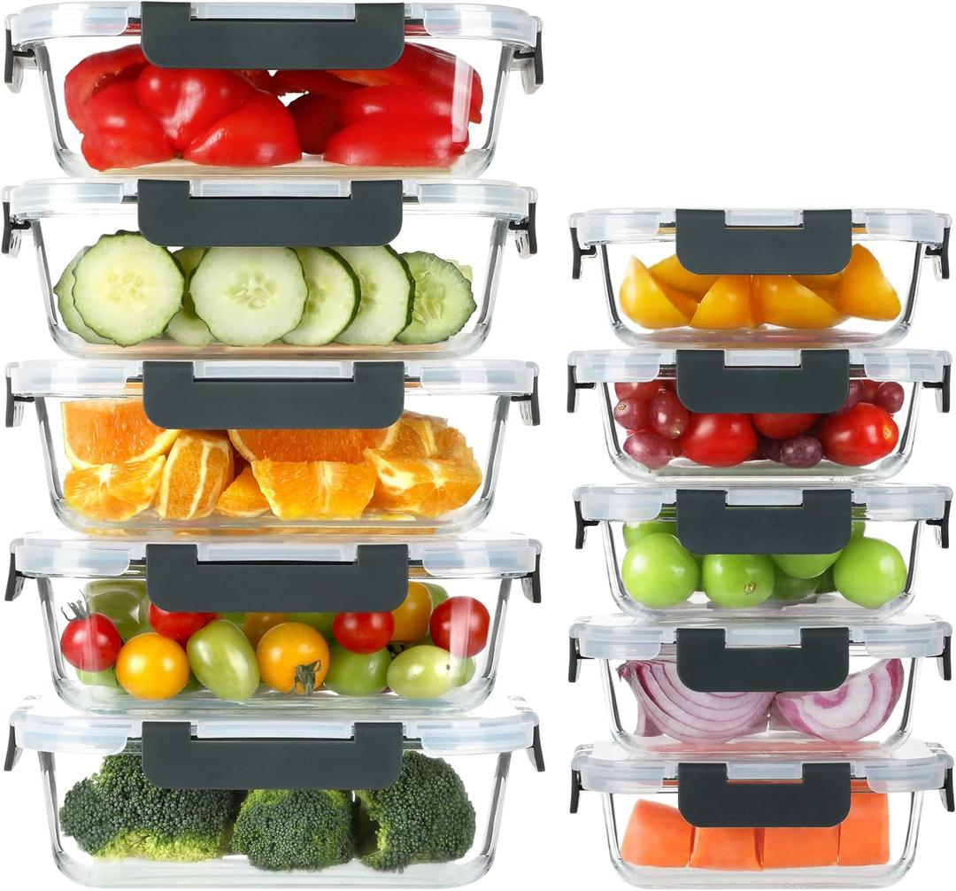 BAYZZ 10 Pack Glass Meal Prep Containers, Glass Food Storage Containers with Lids, Airtight Lunch Box, Freezer,Oven,Microwave and Dishwasher Safe (Gray)