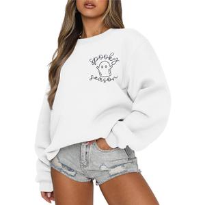 Fiscrat Halloween Spooky Season Oversized Sweatshirt Women Cute Ghost Sweatshirts Fall Embroidered Sweater Pullover Top (XX-Large, White)