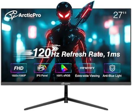 ArcticPro 27 inch Monitor 120Hz, FHD 1080p, Computer Monitor, IPS, 99% sRGB, 1ms Response Time, 3-Sided Frameless, Ultra Slim, VESA Mountable, Anti-Blue Light Design, HDMI & VGA Ports,Black
