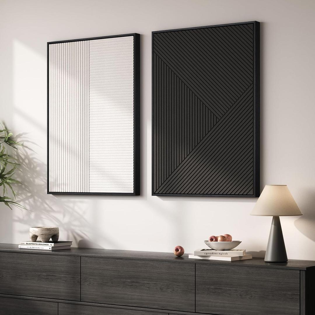 Large 3D Textured Framed Black and White Abstract Wall Art, 2 Piece Modern Minimalist Artwork for Walls, Black White Geometric Line Pictures for Living Room Bedroom Hallway Office Wall Decor 24x36 In, 24" W x 36" H x 2 Pcs